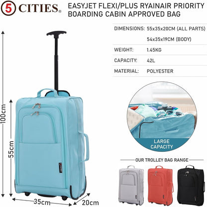 5 Cities 21” / 55cm Lightweight Carry On Travel Cabin Trolley Bag with Wheels, Cabin Approved Hand Luggage, 2 Year Warranty – Black
