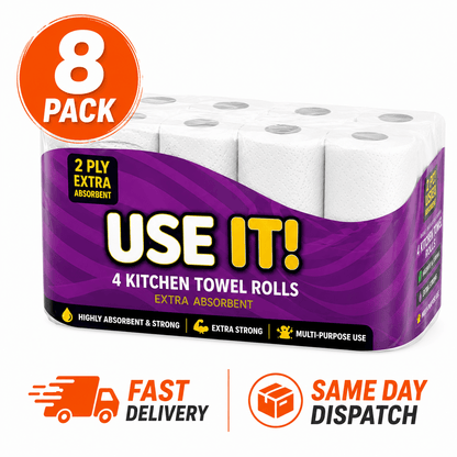 MANODU 8 Pack Kitchen Roll Towels 2 Ply Extra Absorbent Strong Household Paper Towels Bulk Supply for Kitchen Cleaning, Spill Control, Home, Office, Catering & Everyday Use UK