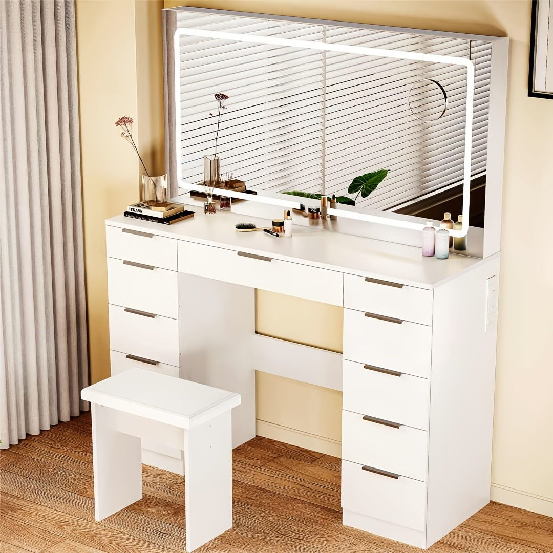 Dressing Table with LED Lights And Adjustable Brightness, Vanity Desk with Mirror, 4 Drawers, 6 Hidden Shelves, And Stool, Makeup Desk for Bedroom, Modern Makeup Table with Mirror And Chair (White)
