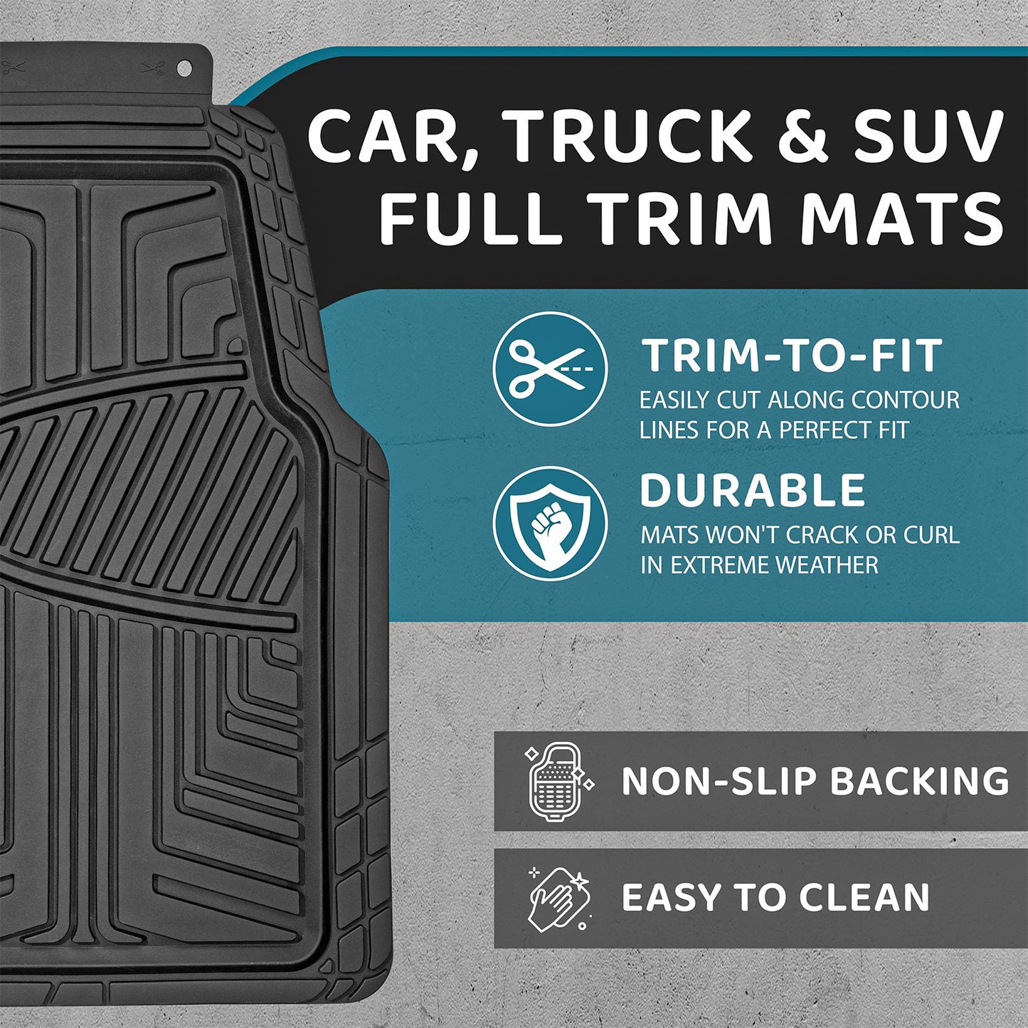 Heavy Duty Rubber Car Mats 4 Piece Set | Universal Non Slip Floor Mats | Cut to Fit All Weather Mats for Cars, Vans, SUVs & Trucks