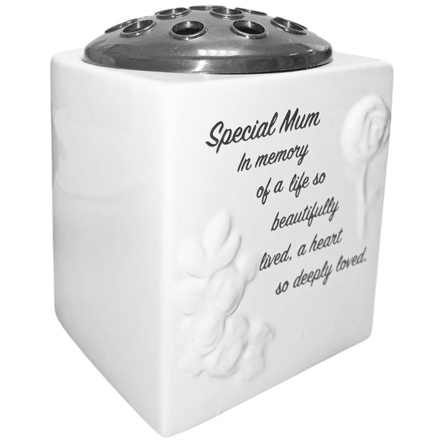 Memorial Rose Bowl Graveside Glazed Flower Vase with 3D Flowers Design, comes Gift Boxed - Special Mum