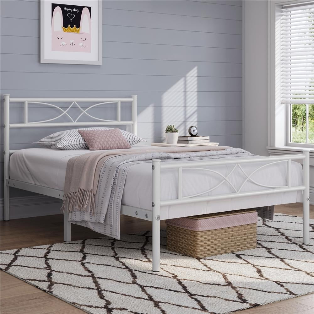 Curved Headboard Metal Bed Frame Platform Bed Vintage Style Built-in Steel Slats 32cm Underbed Storage No Box Spring Needed Single Double King Black White