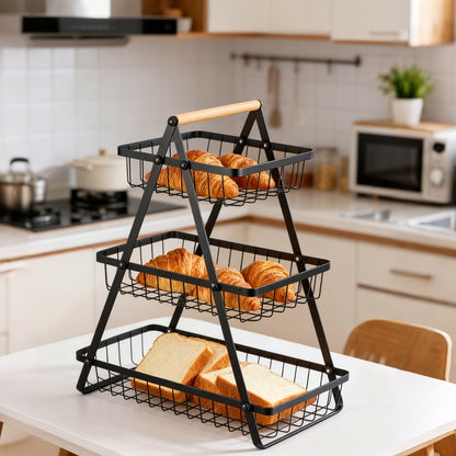 Fruit Basket 2 Tier Detachable Metal Bowl with Wooden Handle Powder Coated Black Kitchen Counter Storage for Fruit Vegetables Bread Snacks Office Organiser Rack