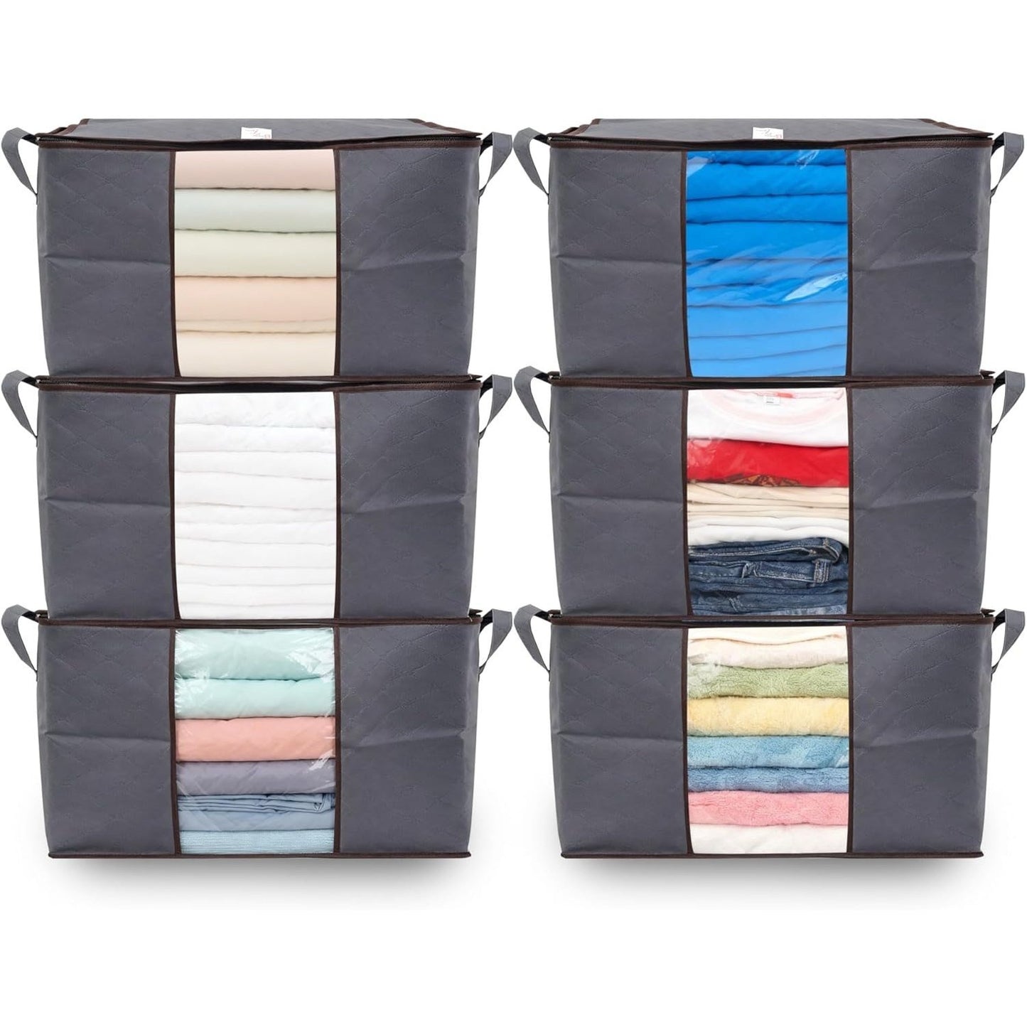 6pcs 90L Large Capacity Fabric Storage Bags for Clothes & Bedding | Foldable Wardrobe Organizers with Handles & Clear Window | Dust & Moisture Protection | Home & Dorm Use