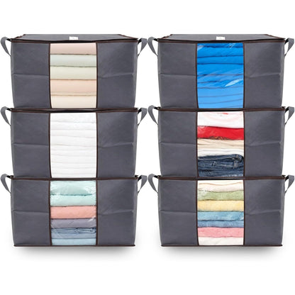 6pcs 90L Large Capacity Fabric Storage Bags for Clothes & Bedding | Foldable Wardrobe Organizers with Handles & Clear Window | Dust & Moisture Protection | Home & Dorm Use
