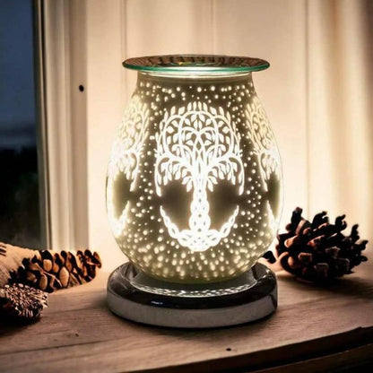 White Satin Tree Of Life Aroma Touch Lamp Wax Tart Warmer and Oil Burner Fragrance Diffuser