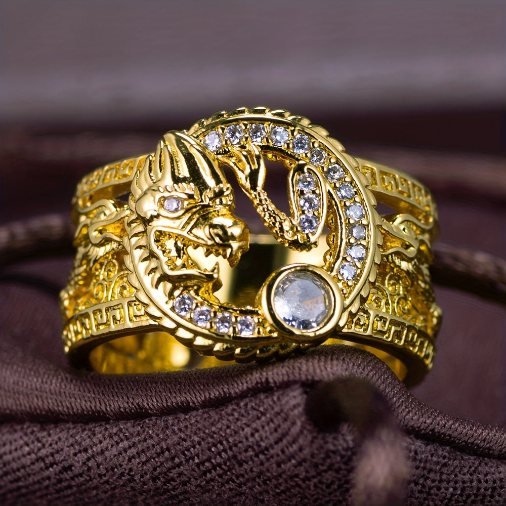 1pc Chinese Style Auspicious Dragon Inlaid Synthetic Synthetic Zircon Men'S Ring, Intricate Carved Retro Luxury And Oriental Culture Fusion Unique Charm, Chinese Culture Enthusiasts, Chinese Elements