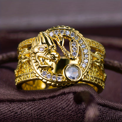 1pc Chinese Style Auspicious Dragon Inlaid Synthetic Synthetic Zircon Men'S Ring, Intricate Carved Retro Luxury And Oriental Culture Fusion Unique Charm, Chinese Culture Enthusiasts, Chinese Elements