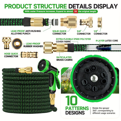 25/50/75/100/150ft Heavy-Duty Garden Hose, Non Expandable, with 1/2" Solid Brass Fittings, Leakproof Design, Durable Rubber Material, US Standard Threads - Perfect for Gardening, Cleaning, Forestry