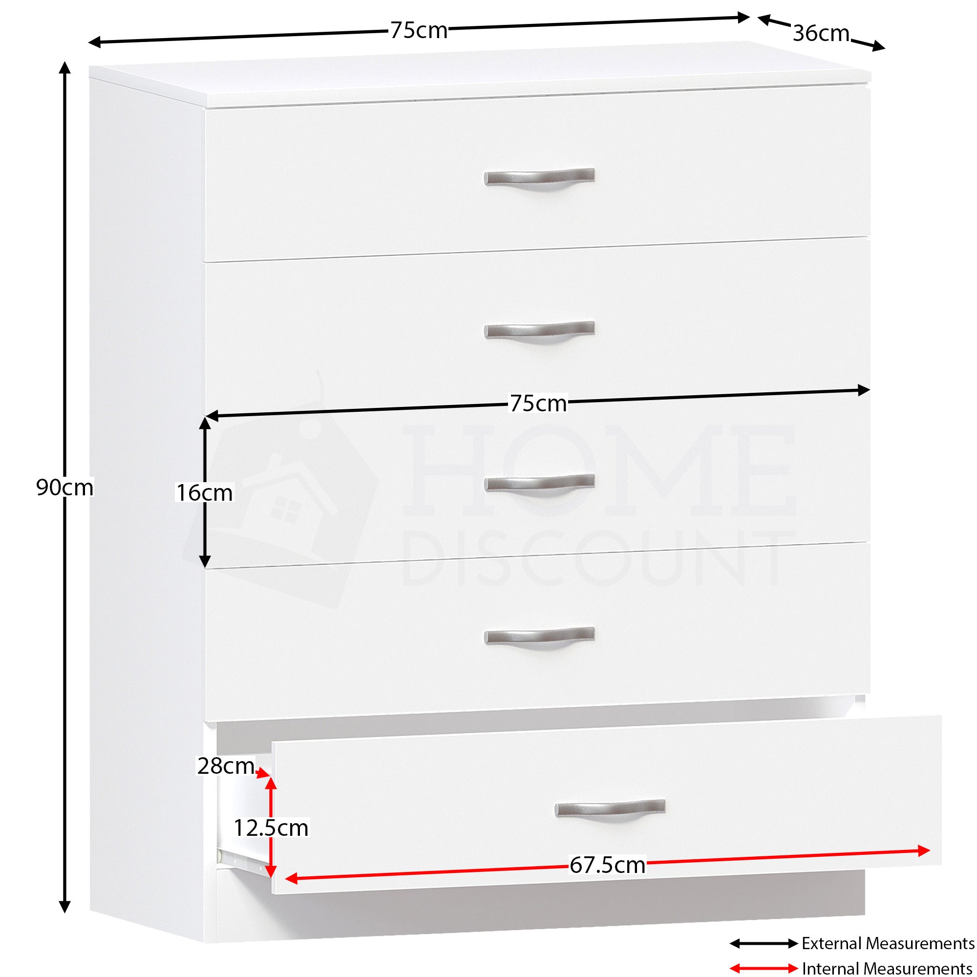 Five-Drawer Chest - Metal Handles and Support Rail