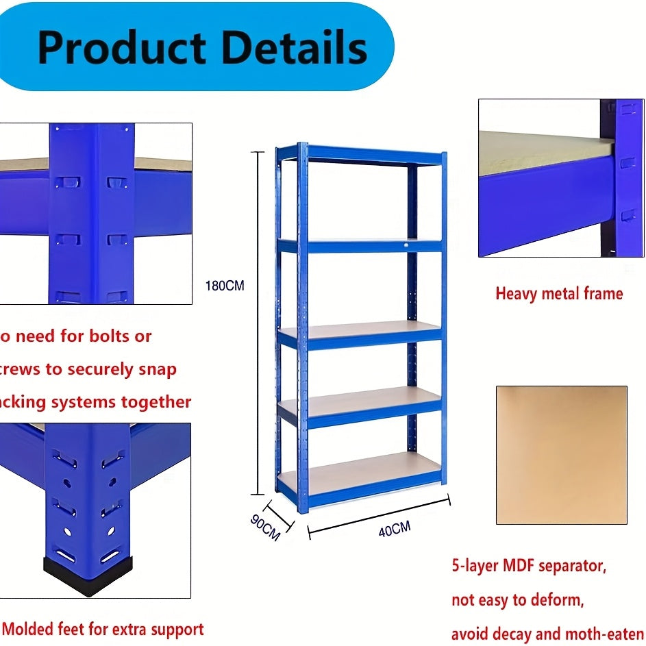 5-tier Heavy-duty Racking, Bolt-free Industrial Racking, Adjustable Metal Storage Rack, Maximum Load Capacity Up to 875kg, Store Display Rack for Home, Garage, Shed, Warehouse, Office, Basement, 150/180cm, Utility Racks