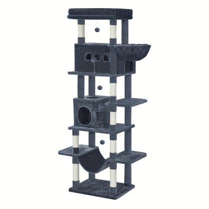 210 Cm Large Cat Scratching Post, Cat Tower For Maine Cats, Large Cats, Multi-Level Scratching Post With Large Perch, Washable Mat, Cat House Furniture With 2 Caves, 8 Scratching Posts, Dark Grey
