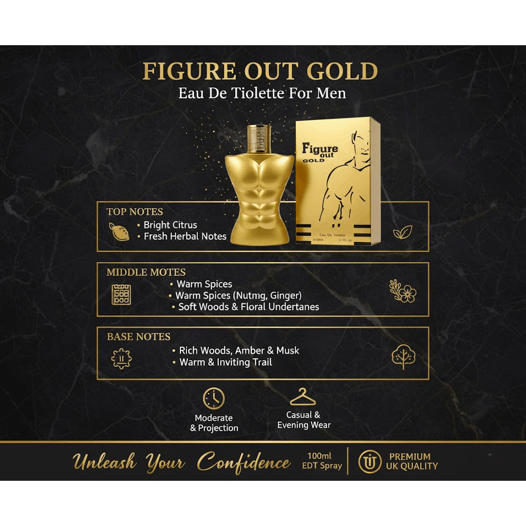 Premium Long Lasting Perfume For Men - FIGURE OUT GOLD Men'S EDT 100ml Spray | Aromatic Experience Irresistible High-Quality Fragrance for the Modern Man | Premium Saffron & Amberwood Notes | Masculine, Elegant, & Exclusive Scent for Him To Attract Women