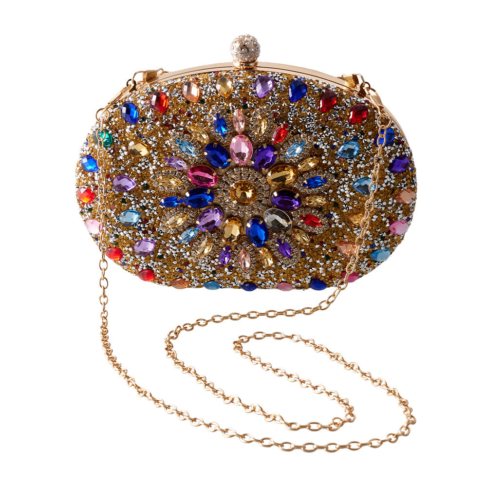 Women Evening Bag Multicolor Clutch Bag Luxury Crystal Handbag Bridal Wedding Purse Glitter Shoulder Bag with Detachable Chain Banquet Party Prom Crossbody Bag Gold-Multicolour, Green/ Gold/ Silver