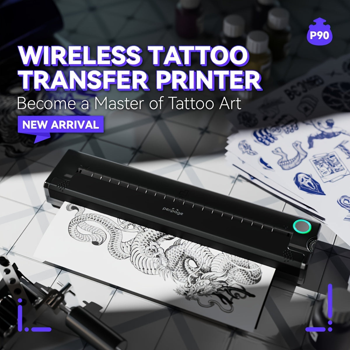 PeriPage P90 Wireless Tattoo Stencil Printer - Portable Heat Transfer Machine for Professional And Beginner Tattoo Artists, Compatible with Phones, Tablets, And PCs