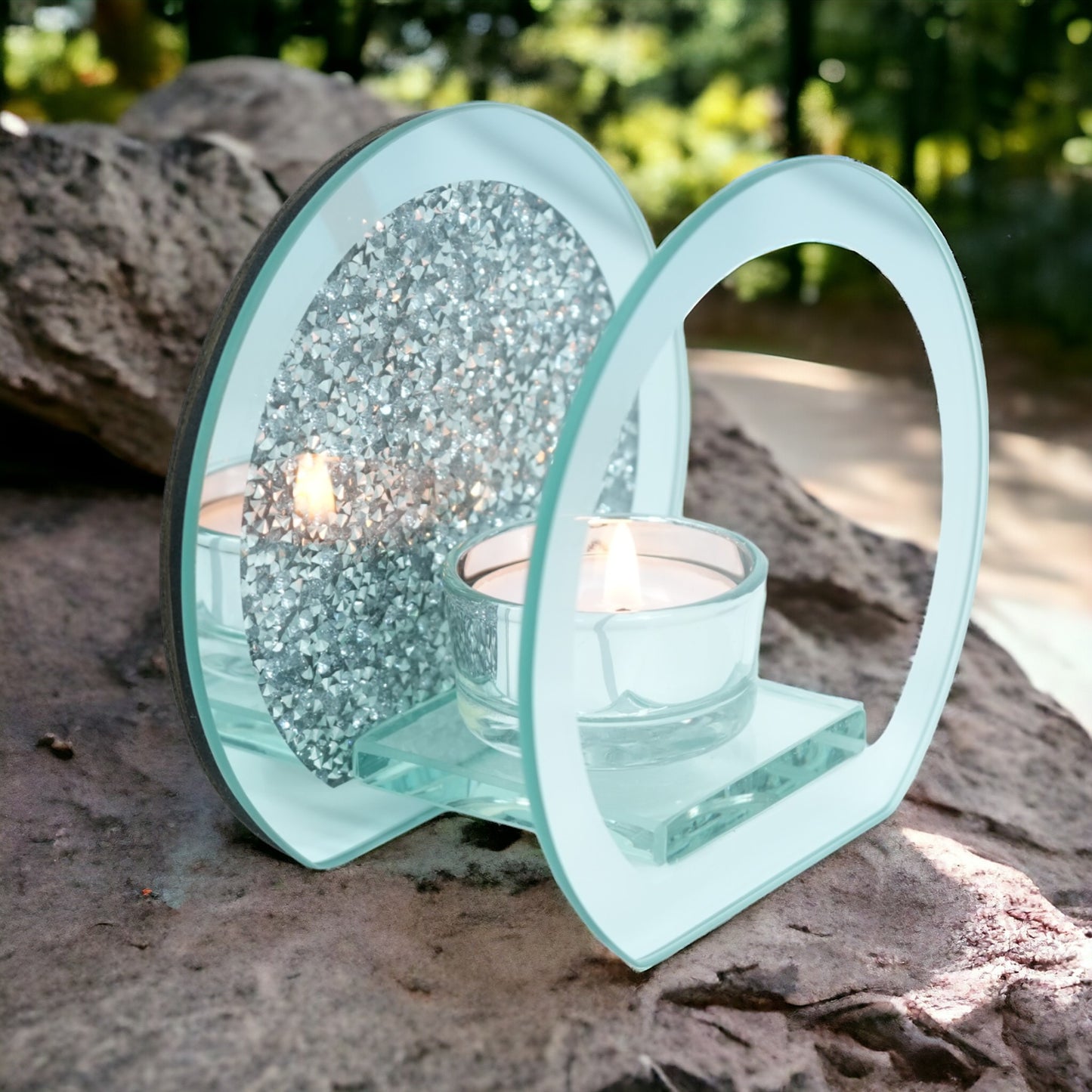 SERENA'S ® Elegant Crushed Diamond Crystal Tealight Candle Holder with Clear Silver Mirror Glass – Decorative Glass Walls for Home Decor and Special Occasions