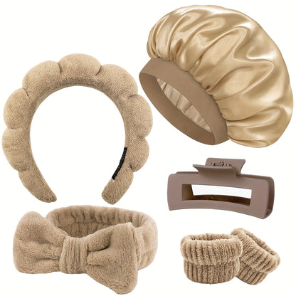 6pcs Satin Bonnet for Sleeping And Spa Headband Set, Soft Microfiber Skincare Hairband with Bow, Maillard Color Wide Band Hairs Bonnet for Sleeping Wristbands with Hair Claw Clip for Women Men