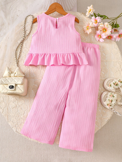 2pcs Set. Girls' Tank Top and Wide-leg Pants Set, Featuring Stylish Lace Trim and Ruffle Details. Simple and Fashionable Design. Ideal for Girls' Daily Casual Wear in Spring and Summer. Suitable for Girls Aged 1-8 for Daily Leisure and Sports