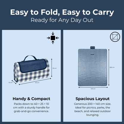 Waterproof Picnic Blanket 200x140cm | Large Foldable Outdoor Mat with Carry Handle – Blue Gingham