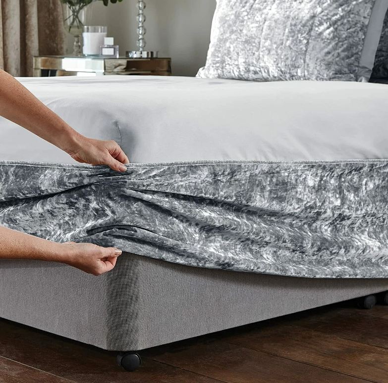Elegant Silver Grey Crushed Velvet Wrap Around Bed Skirt - 40CM Extra Deep Bedbase Cover for Bedroom Guest Room with Adjustable All Around Elastic for Easy Fit - Soft, Breathable, and Dust-Repelling