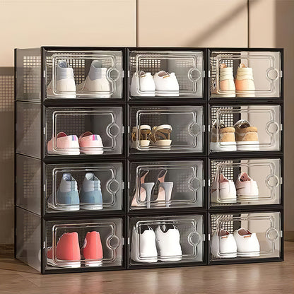 Folding Shoe Storage Box, 12 Pack Clear Transparent Shoe Storage Boxes Hard Plastic Stackable Organiser Containers Bins, DIY Easy Assembly, Sturdy & Durable, Space Saving, Black Door Frame, Foldable and Versatile for Sneakers, Fit up to UK Size 9.5