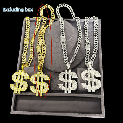 Large and Heavy US Dollar Symbol Pendant,  18K Gold Plated Alloy 18K Gold Plated-plated Cuban Chain Necklace with 12mm Full, Men's Hip-hop Style Ring Combination