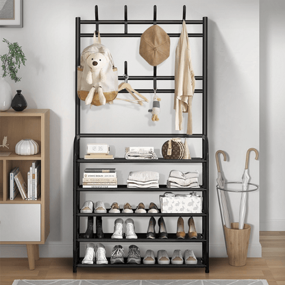 1pc Black Coat Rack Shoe Storage 5 Tiers Metal Stand 8 Hooks Shelves 80Cm Widen for Living Room Bathroom Hallway Office Xmas Gift