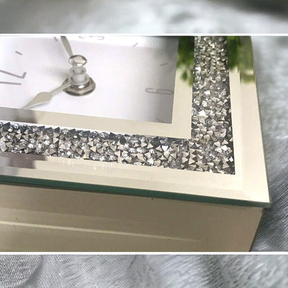 SERENA'S® Elegant Square Crushed Diamond Mantle Clock with Numerals – Mirrored Glass Design for Stylish Desk or Table Décor – Perfect for Home or Office – 14 cm x 14 cm