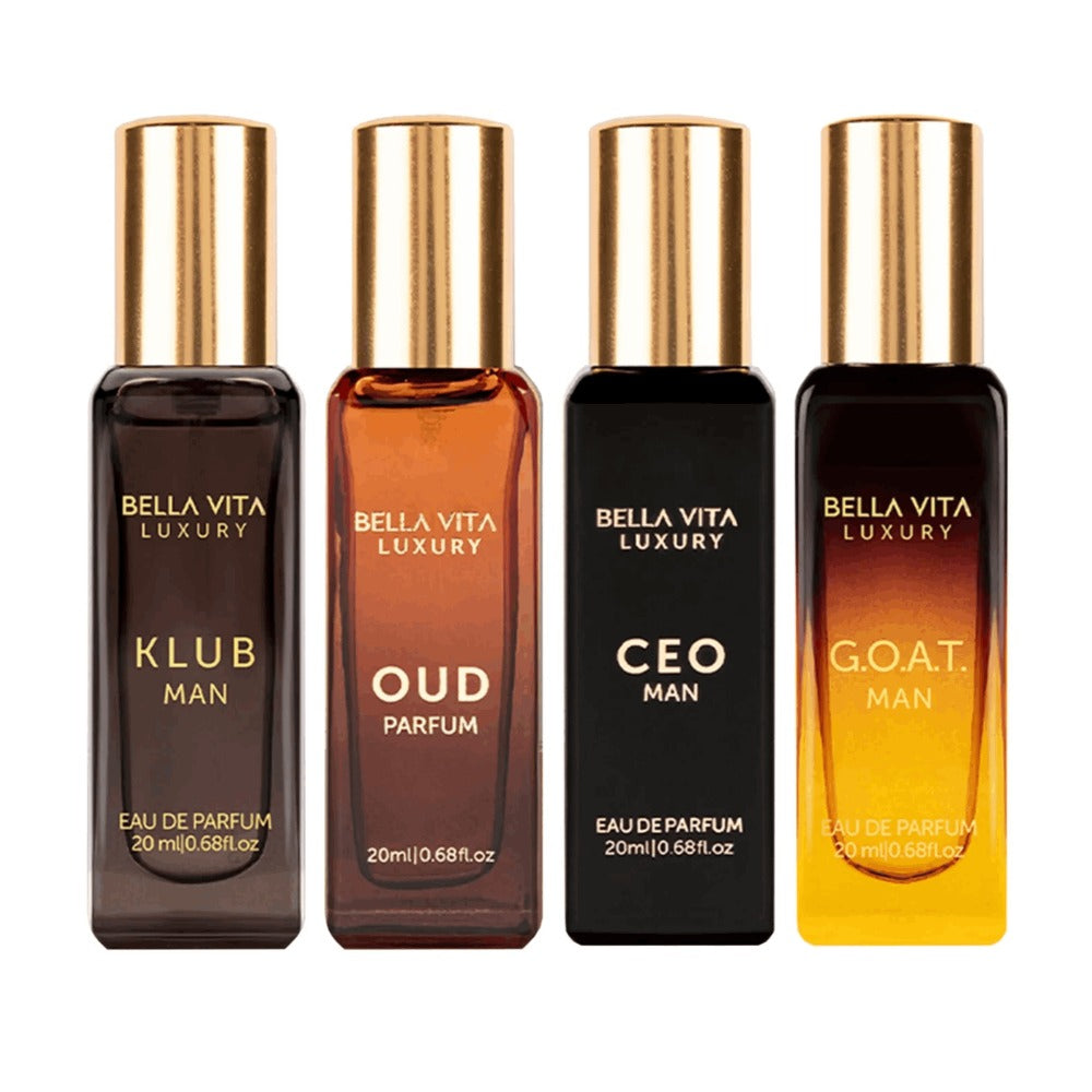 BellaVita Luxury Men's Perfume Gift Set 4x20ml EDP – CEO, Klub, Oud & G.O.A.T. Fragrance Sampler, Woody Citrus Oud Cologne for Men, Perfect Christmas Birthday Gift for Him