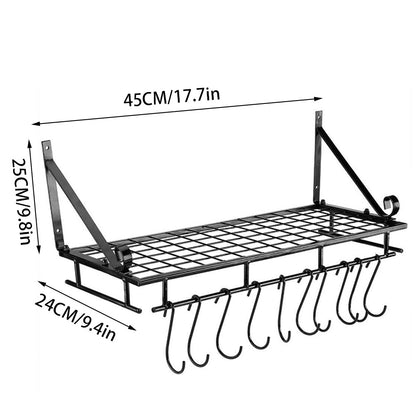 10-Hook Heavy Duty Metal Wall-Mounted Kitchen Organizer, Multifunctional Hanging Rack for Pots, Pans, and Cooking Utensils Storage, Space Saving Design for Small Kitchens