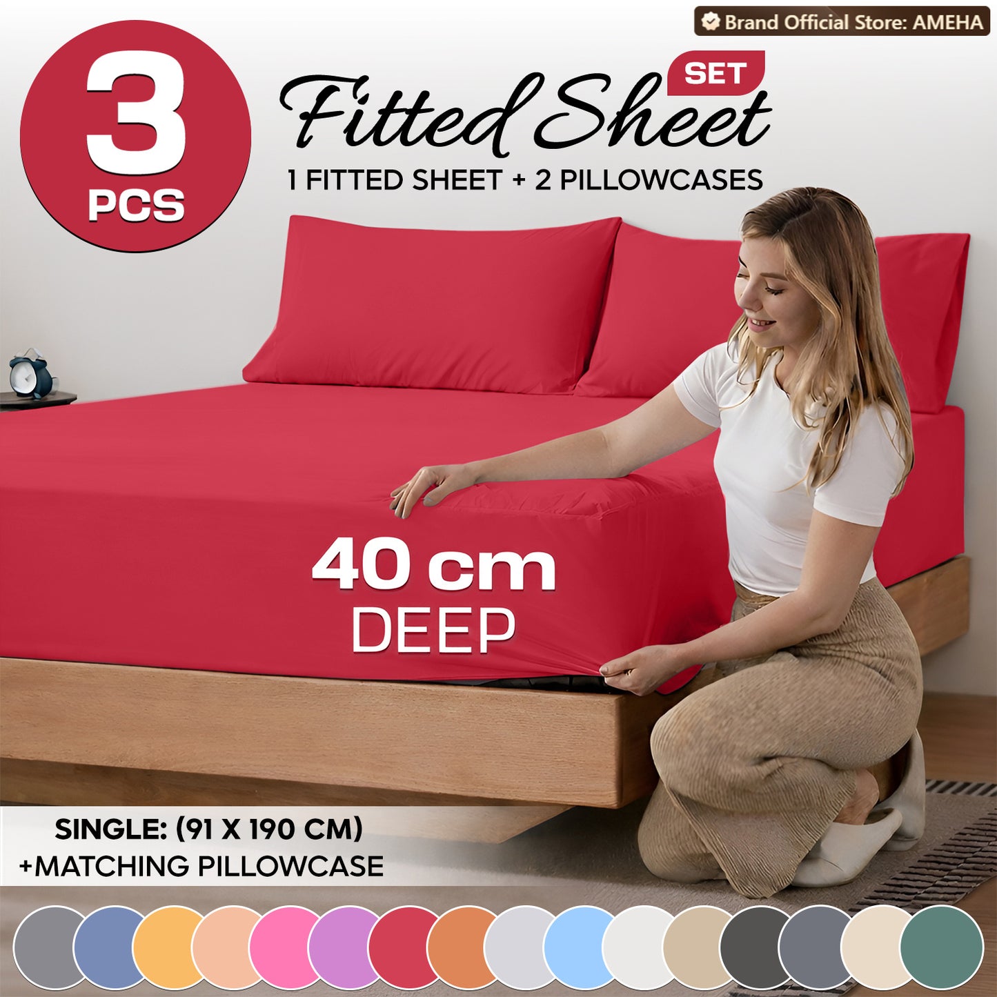 3pcs 40cm Extra Deep Fitted Sheet – Solid Color Soft & Comfortable Bed Sheet with 2pcs Matching Pillowcases, Breathable Fabric Soft Brushed Microfiber Bedding, Machine Washable for Home Bedroom, Hotel