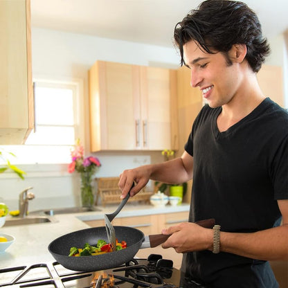 STL Frying Pan Non-Stick, Durable, Wooden Handle, Anti-Scratch Granite Coating, Compatible with Induction, Electric & Gas Hobs, Ergonomic Soft Grip
