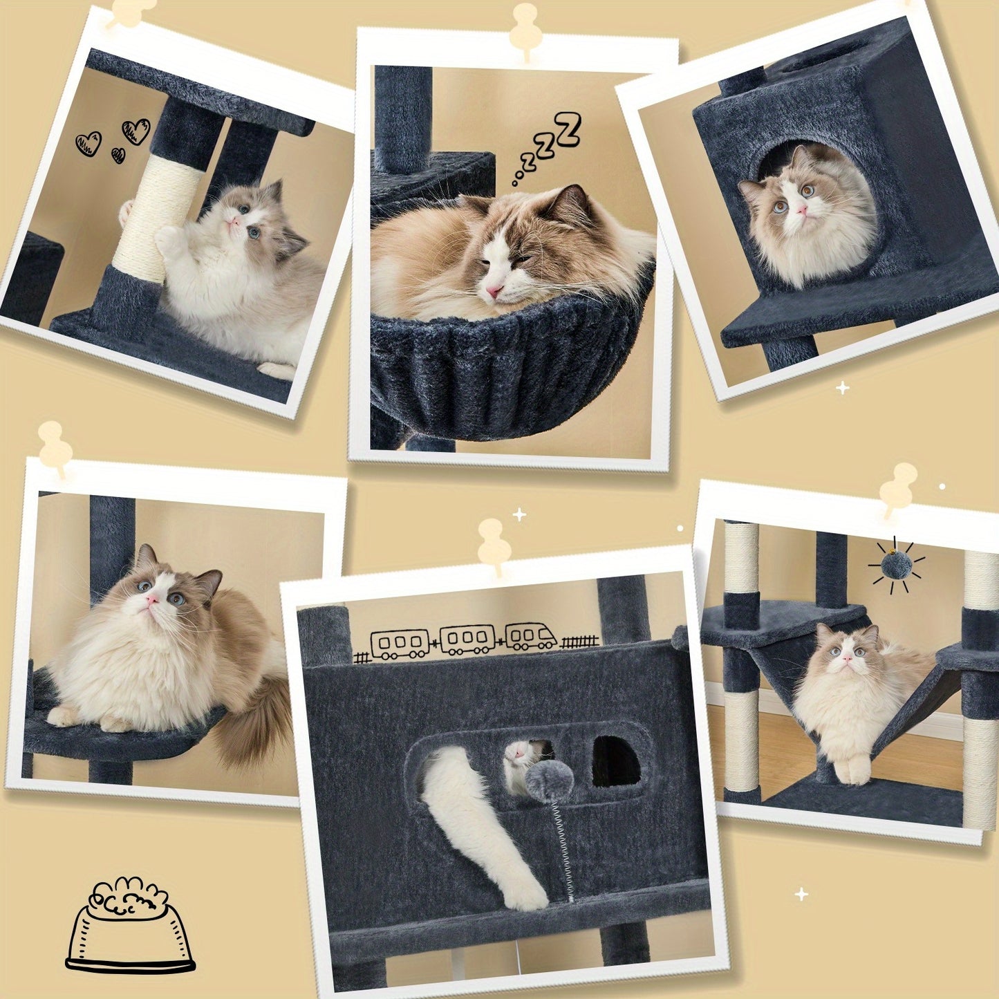 210 Cm Large Cat Scratching Post, Cat Tower For Maine Cats, Large Cats, Multi-Level Scratching Post With Large Perch, Washable Mat, Cat House Furniture With 2 Caves, 8 Scratching Posts, Dark Grey