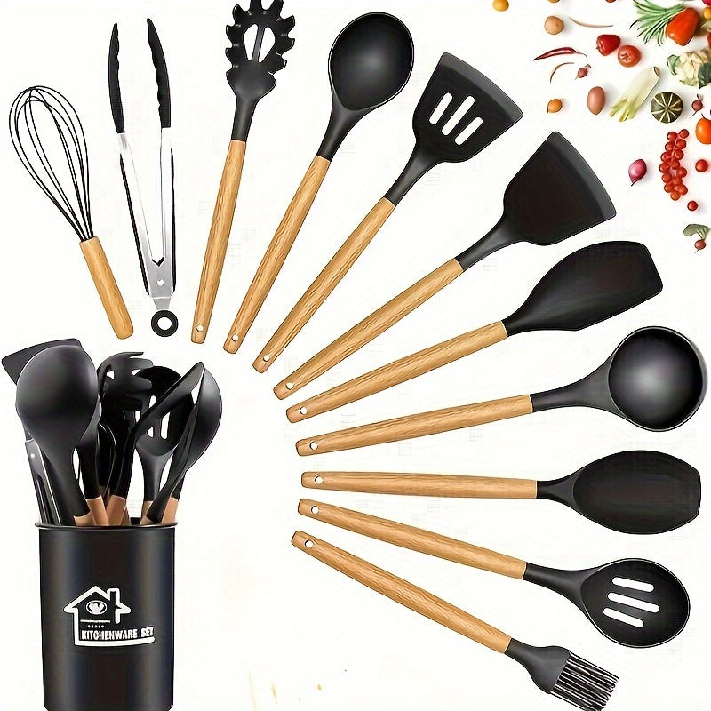 Kitchen Utensils Set, Heat Resistant Cooking Utensils Set, Silicone Spatula Set for Cooking Wooden Handle Silicone Kitchen Gadgets Kitchen Tools for Nonstick Cookware (Black)