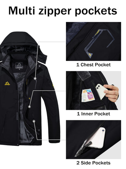 Men'S Ski Jacket Winter Warm Fleece Lined Coats Outdoor Snowboard Thermal Hiking Parka Chest Pockets Hooded Jogging Camping Fishing Climbing Casual Windbreaker
