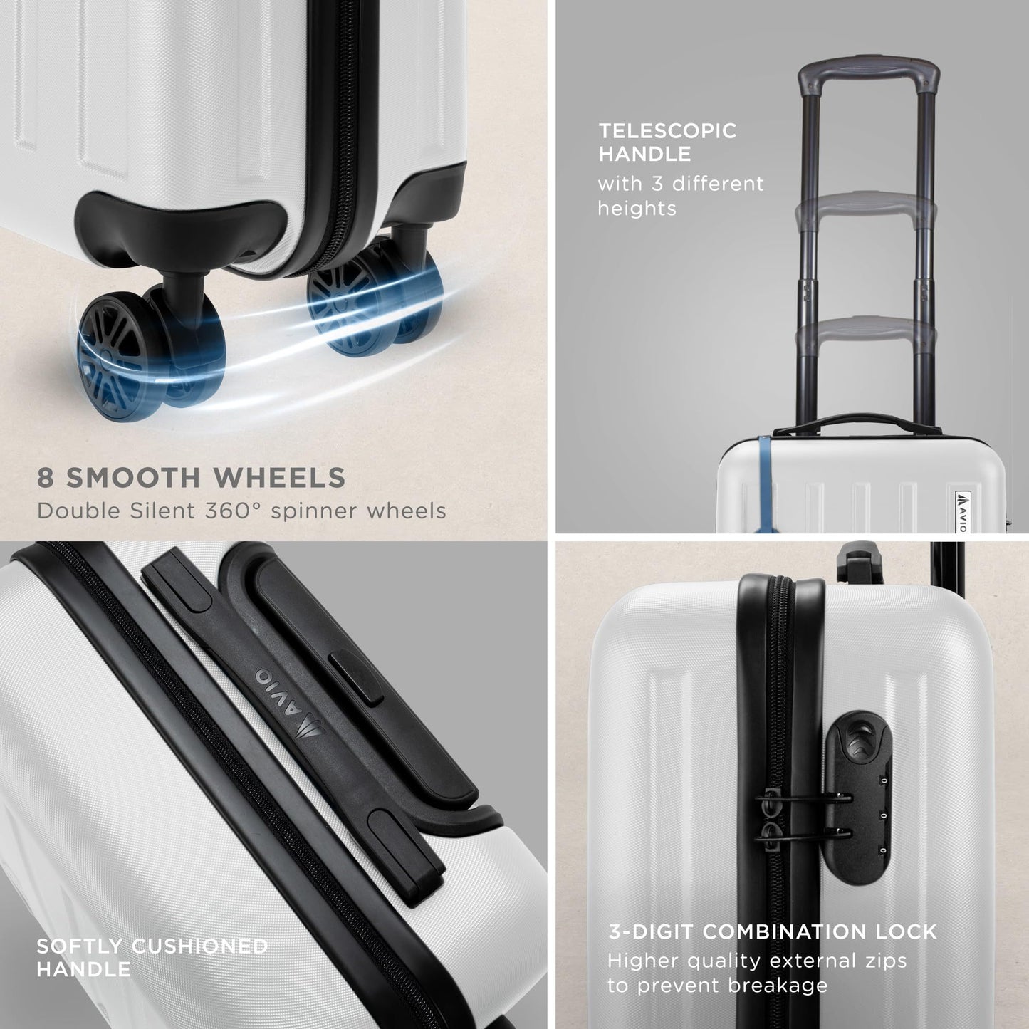 AVIO 55cm Cabin Suitcase – Compact Hard Shell Carry-On with 360° Spinner Wheels, Telescopic Handle & 3-Digit Lock – Lightweight Travel Luggage