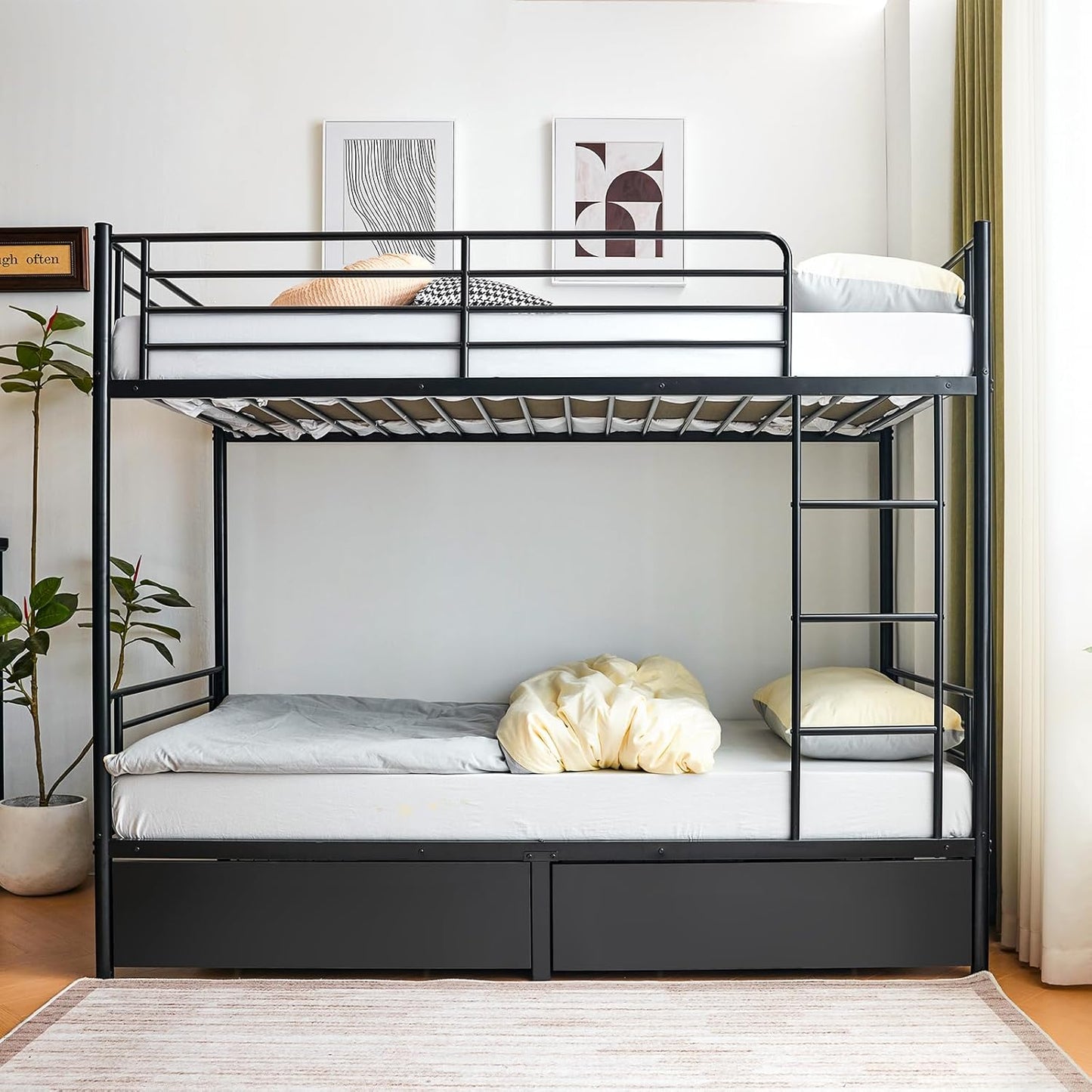 Adult Bunk Bed, Sturdy Twin Over Twin Metal Structure Featuring an Integrated Safety Ladder, Complete Guardrails, Underbed Storage Space, Black Coating