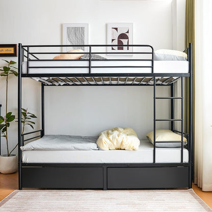 Adult Bunk Bed, Sturdy Twin Over Twin Metal Structure Featuring an Integrated Safety Ladder, Complete Guardrails, Underbed Storage Space, Black Coating