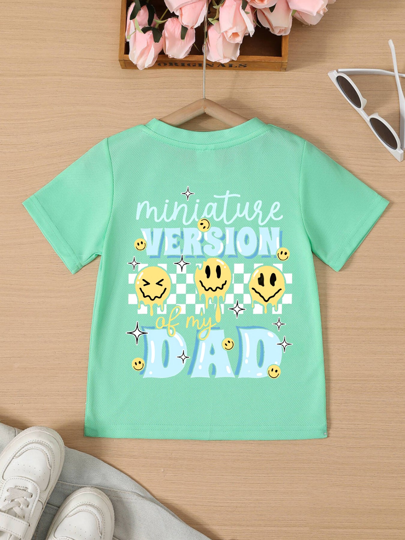 Children's Whimsical Parent-Child Style Flower Letter T-Shirt, Toddler Summer Boys' Daily Casual Holiday Apparel, O-Neck Short-Sleeve Top, Boys' Outdoor and Home Parent-Child Matching Outfits