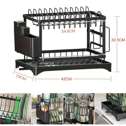 2 Tier Dish Drainer Rack for Kitchen Counter - Space-Saving Dish Rack with Utensil Holder and Cutting Board Holder Large Capacity Drying Rack with Draining Board, Black