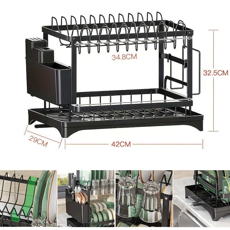 2 Tier Dish Drainer Rack for Kitchen Counter - Space-Saving Dish Rack with Utensil Holder and Cutting Board Holder Large Capacity Drying Rack with Draining Board, Black