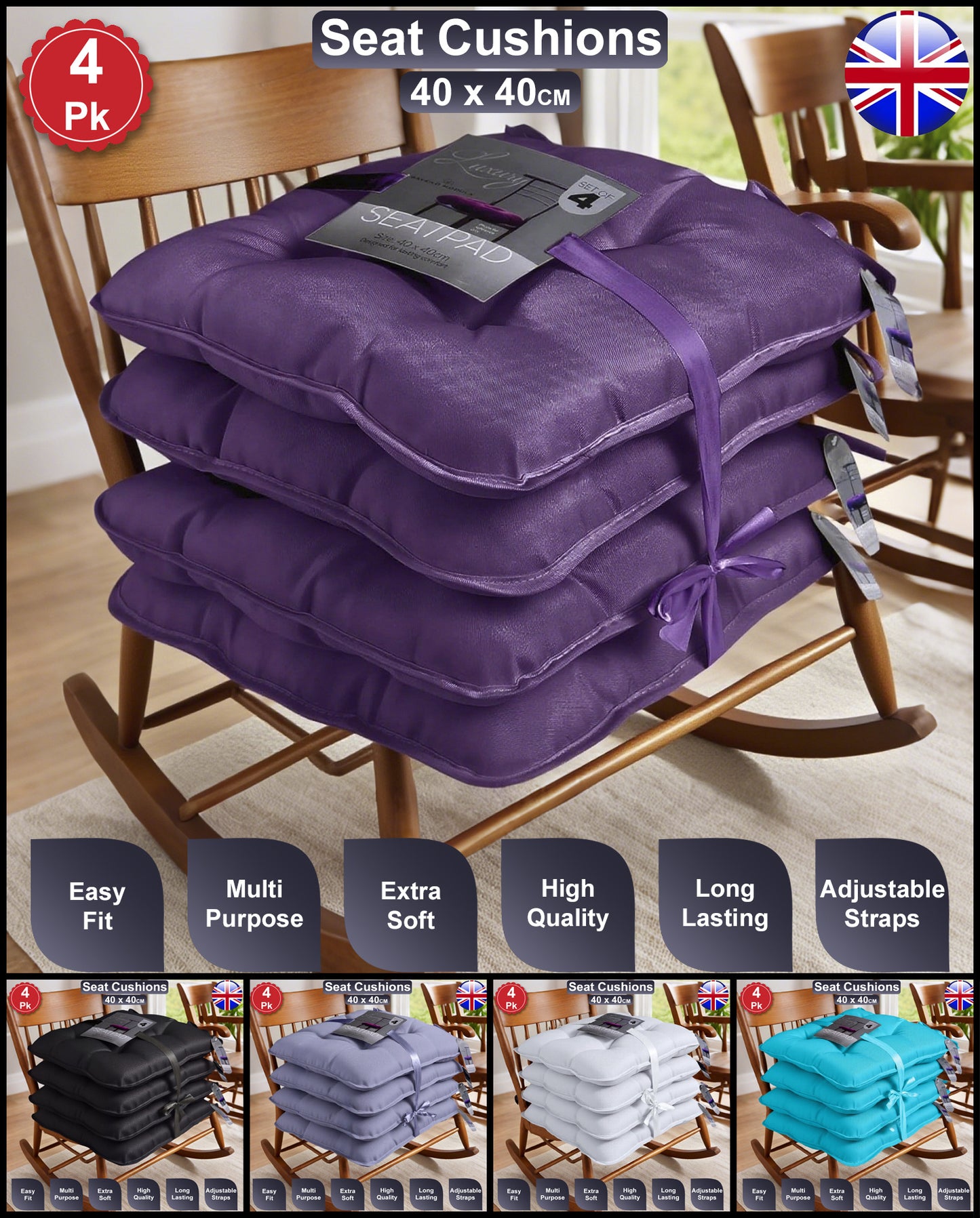 GAVENO CAVAILIA 4 Pack Seat Cushions 40x40 cm | Soft & Comfortable Chair Pads with Secure Tie Fastenings | Durable Fabric for Everyday Use | Perfect for Kitchen, Dining, Home, Office Patio & Garden Chairs | Durable, Long-Lasting, asy Fit & Low Maintenance