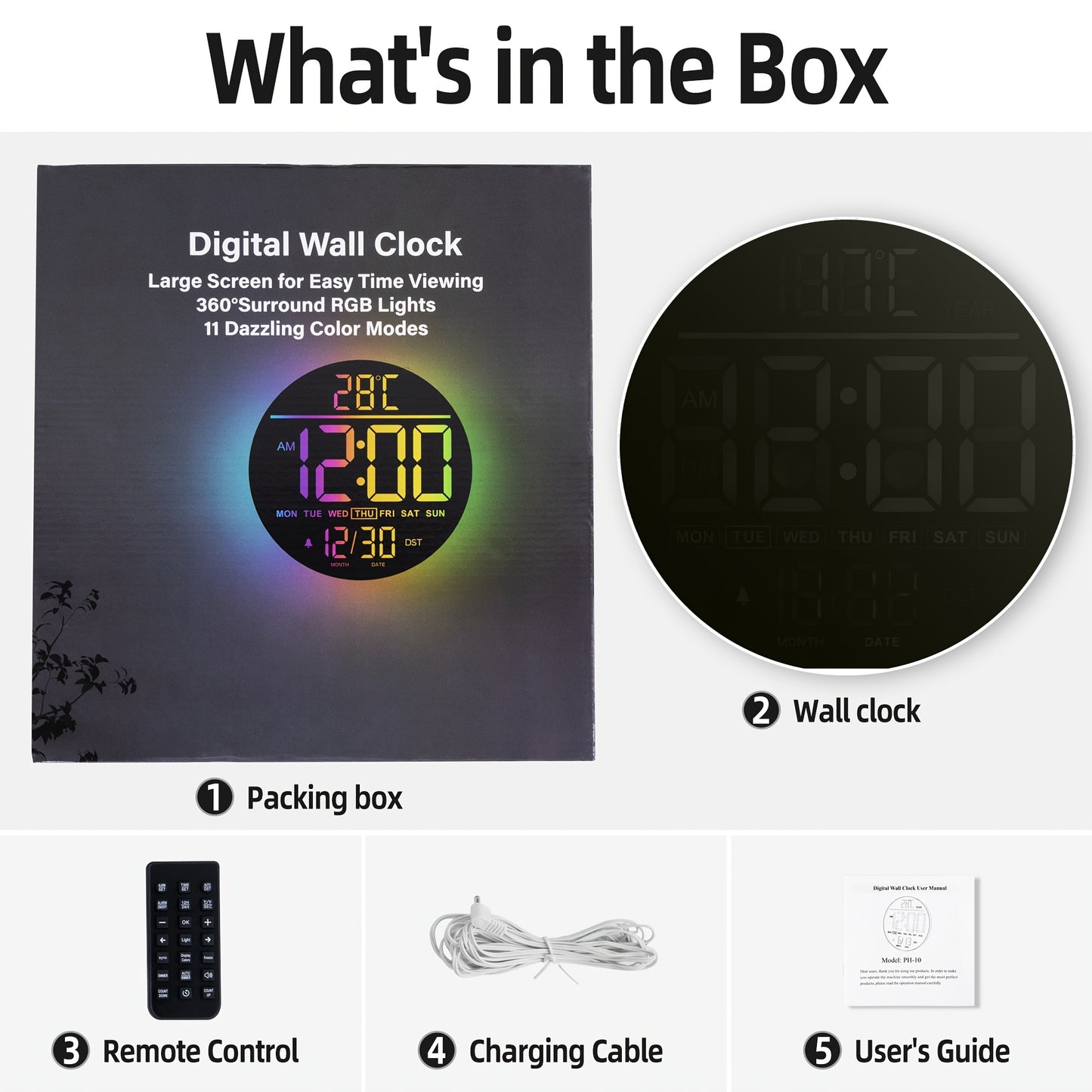 A Large 10-Inch Digital Wall Clock Featuring 8 RGB Colors, Remote Control, Temperature Display, Date, Automatic Daylight Saving Time Adjustment, Night Light, Auto Brightness Dimmer