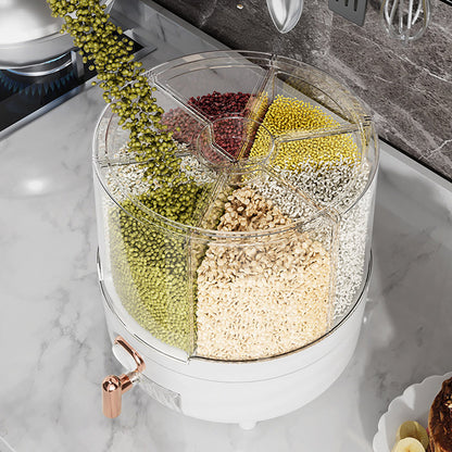 Grain Dispenser 360° Rotating Dispenser 6-Grid Rice Dispenser Food Dispenser Bucket Transparent Kitchen Organization For Countertops, White