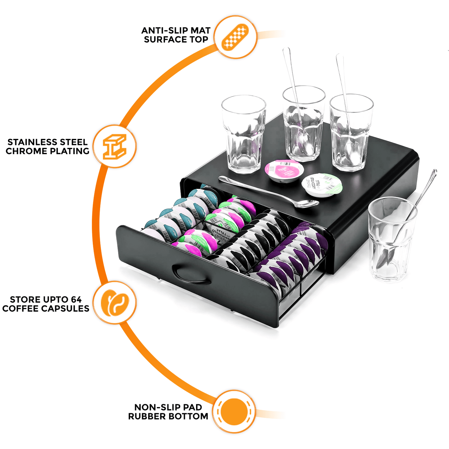 64 Compatible Coffee Pod Holder - 64 Capsules Stackable Stand - Non Slip Base Black T-Disc Coffee Capsules Stand & Pod Storage Drawer Anti-Vibration Design