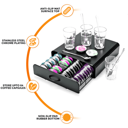 64 Compatible Coffee Pod Holder - 64 Capsules Stackable Stand - Non Slip Base Black T-Disc Coffee Capsules Stand & Pod Storage Drawer Anti-Vibration Design