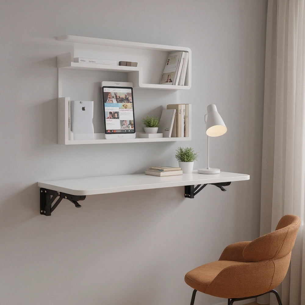 Folding Wall-Mounted Laptop Desk, Space-Saving Study and Reading Table, Metal Iron Frame Design, Durable and Sturdy Wall Desk for Home or Office, Black/White, 52x24cm / 65x24cm / 75x24cm