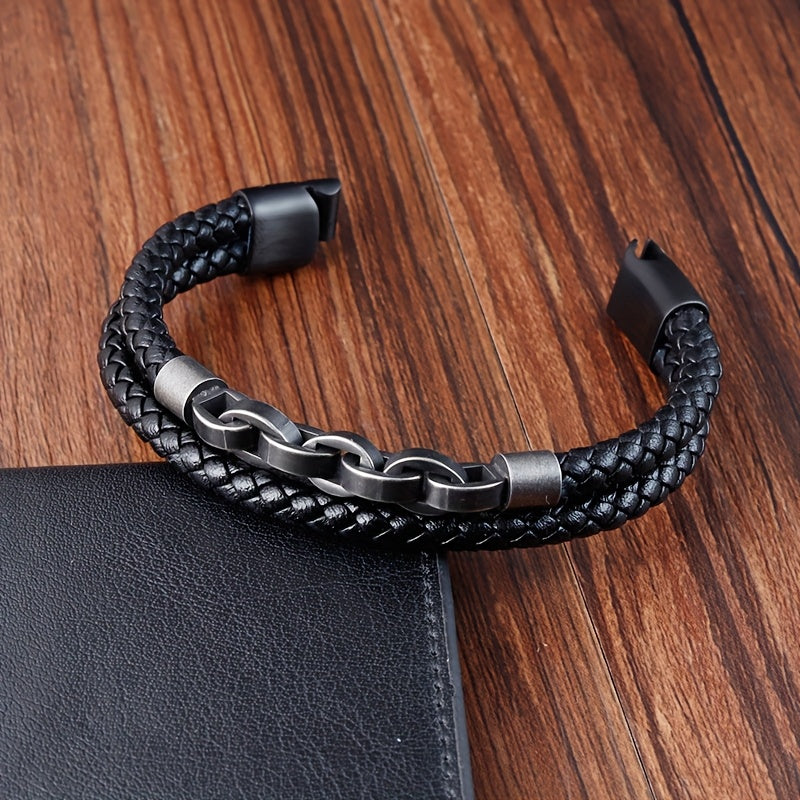 Leather and Stainless Steel Magnetic Bracelet