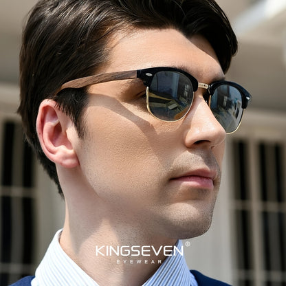 KINGSEVEN Black Walnut Wooden Handmade Semi-Rimless Retro Polarized Eyewear for Men Women