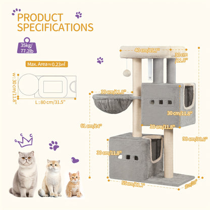 Cat Tree, Small Scratching Post, Multi-Storey Scratching Post with Perch, Cat House Furniture with 2 Caves, Sisal Cat Scratching Post, Hammock, 98 Cm